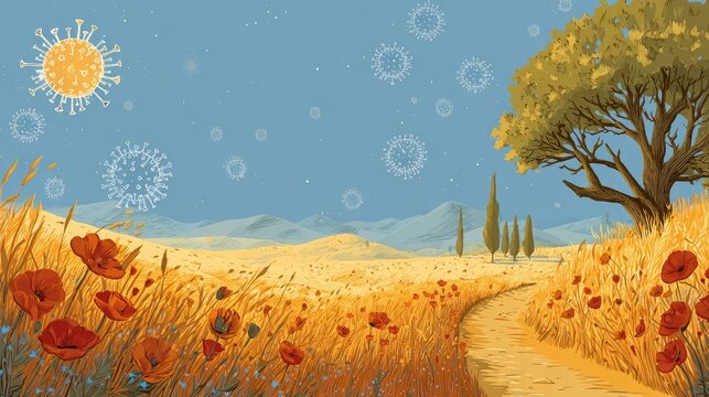 Golden field with poppies and viruses under a clear blue sky