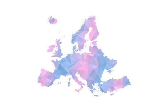 Europe Map - Polygon Style Vector Illustration in Pastel Blue and Pink Gradient, Low Poly Geometric Design, Isolated on White Background for Infographics and Education.