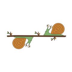 Obraz premium Fun Hand Drawn grapes Snail on the tree branch isolated white backgorund. Doodle vector Snail. Perfect Nursery art Kids room decor element. Editable stroke EPS 10