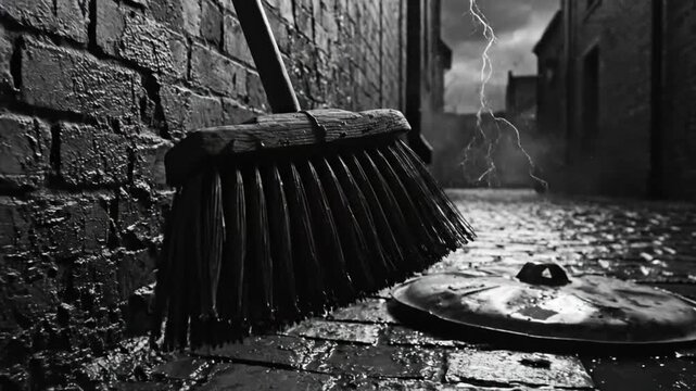 Black and white close up of a wet alleyway with lightning over a broom and garbage lid on the cobblestone ground.