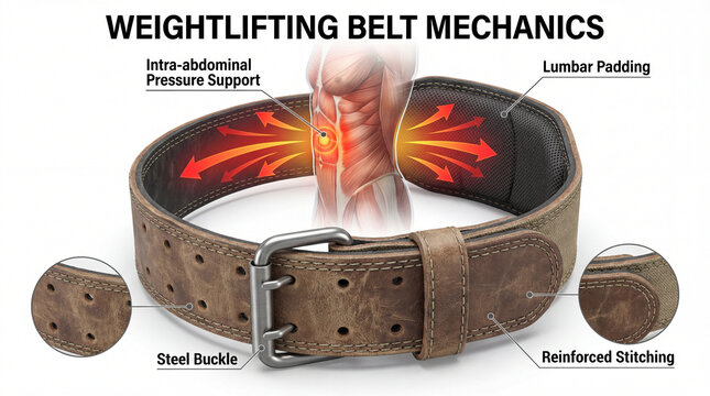 3d infographic showing weightlifting belt mechanics with abdominal pressure support lumbar padding steel buckle reinforced stitching for fitness coaching gym education product pages training guides