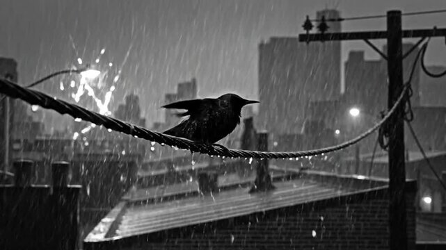 Black and White Cinematic Scene of a Bird Perched on a Wire in the Rain with Cityscape Backdrop