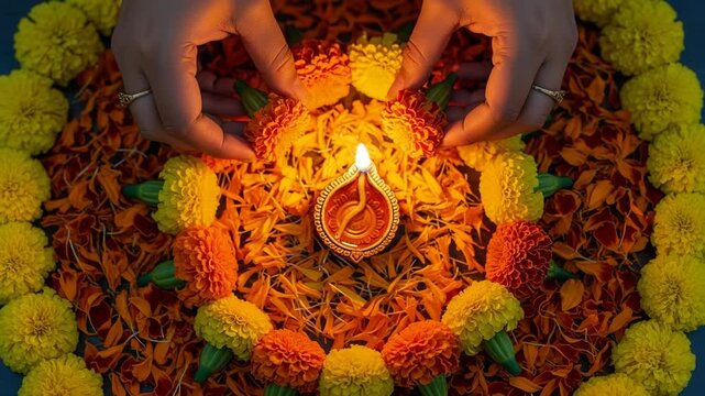 Top view of a central oil lamp surrounded by vibrant marigold flower petals