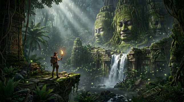 Adventurer with torch discovery of massive stone face in lost jungle.