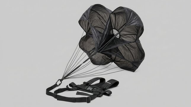 Drag parachute, made of black fabric, lies on a neutral gray background, prepared for use in speed training or resistance exercises.