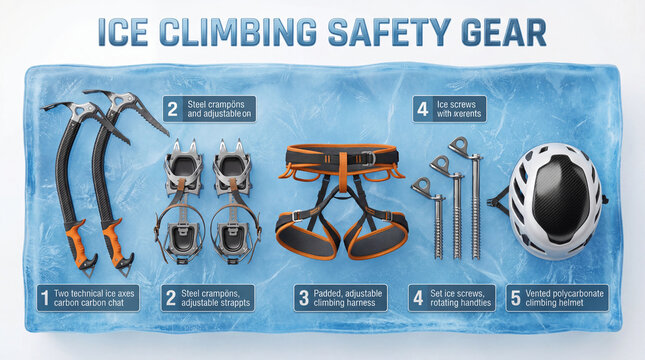 Ice climbing safety gear infographic showing ice axes crampons harness screws helmet for alpine mountaineering training retail catalog poster isolated on frozen blue studio background