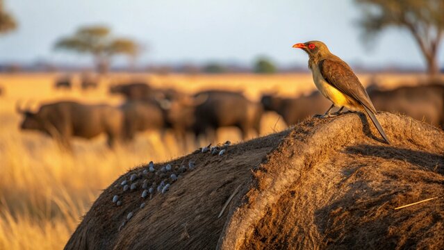 Red-billed Oxpecker foraging on a Cape Buffalo in the African savanna during golden hour.
