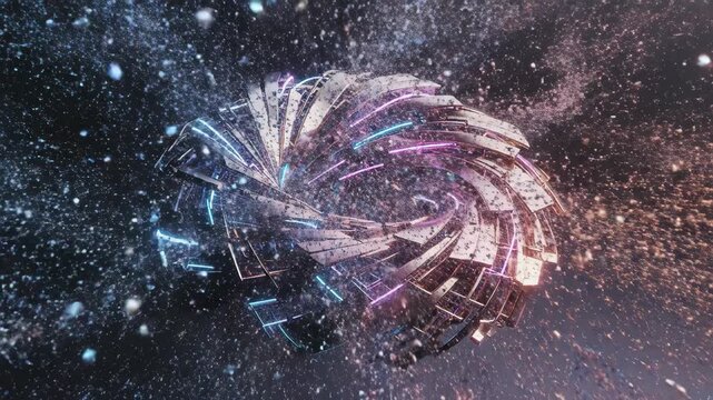 Golden metallic geometric structure transforming and exploding in 3d space. Kinetic energy release and particle dispersion as abstract digital motion design art.