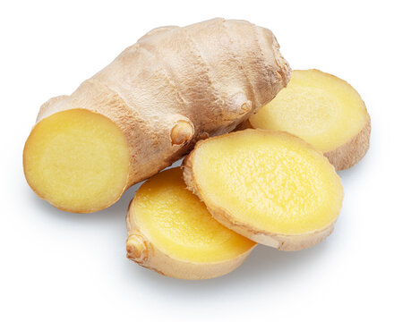 Ginger root with ginger slices isolated on a white background