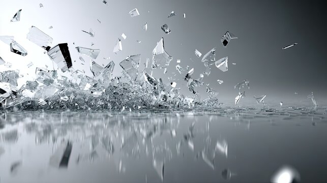 Shattered Transparent Glass Shards in Splash Motion, Dynamic Burst Sharp Fragments on Abstract Grey Gradient Background for Creative Poster and Visual Design