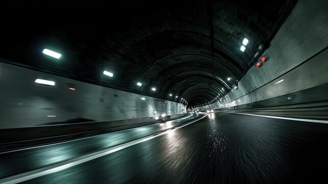 Dynamic Blurry Curved Race Track in Tunnel, Night Racing Asphalt Road Light Trail, High‑Speed Automotive Space for Motorsport and Tech Design