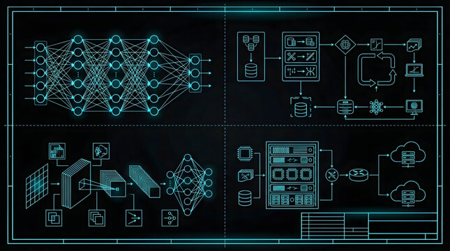 AutoCAD AI and Machine Learning Blueprint Technical Drawing Vector Set Multi View Cyan Outline on Black Background