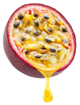 Half of passion fruit showing juicy pulp and seeds with a falling drop of juice, isolated on white background with clipping path.