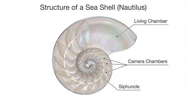 Nautilus sea shell structure infographic showing living chamber camera chambers plus siphuncle in pearlescent spiral shell for marine biology education poster textbook visual reference