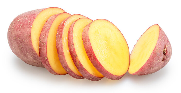 A row of raw red potato slices isolated on a white background. Clipping path. Organic food