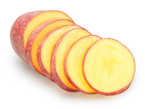 A row of raw red potato slices isolated on a white background. Clipping path. Organic food