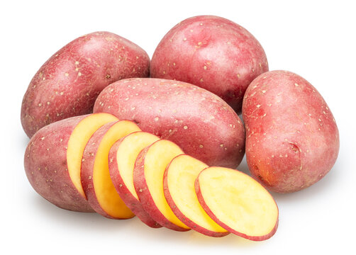 Raw red potatoes with cut into thin slices of potato isolated on a white background. Organic food