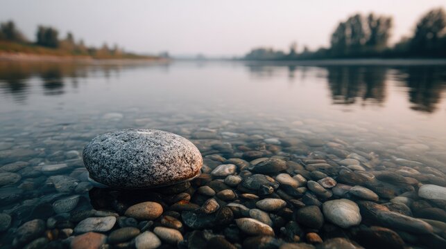 A single stone rests on a bed of pebbles in clear river water