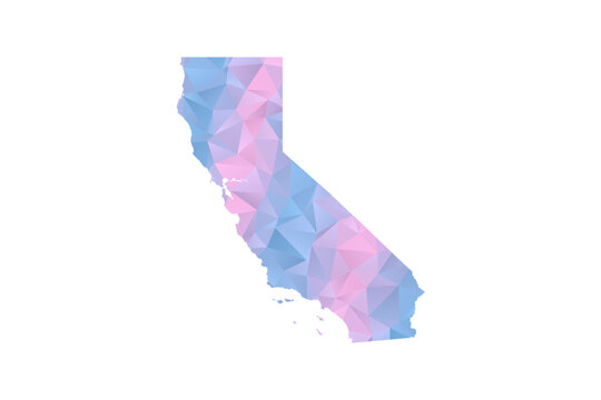 California Map - Polygon Style Vector Illustration in Pastel Blue and Pink Gradient, Low Poly Geometric Design, Isolated on White Background for Infographics and Education.