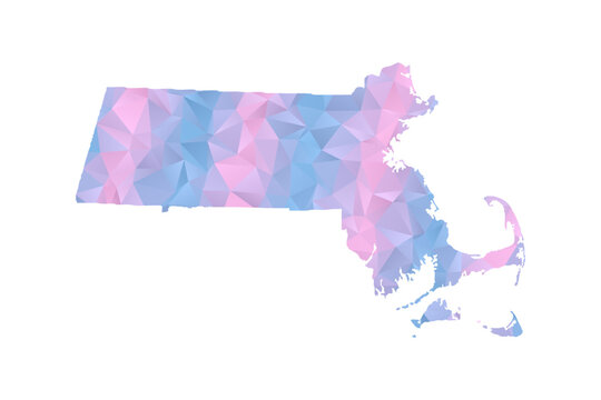 Massachusetts Map - Polygon Style Vector Illustration in Pastel Blue and Pink Gradient, Low Poly Geometric Design, Isolated on White Background for Infographics and Education.