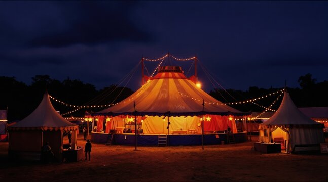 Big circus tent glows at night with string lights. Smaller tents and people visible. Entertainment venue under dark sky, outdoor fairground scene with illuminated big top.