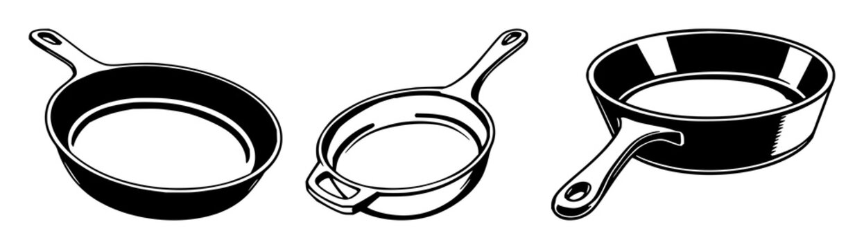 Cast iron skillet set with black line art on white background featuring cookware, kitchenware, heat resistant with metal and skillet