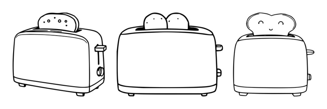 Bread toaster set with simple black line art design featuring kitchen appliance, breakfast, cooking with food and electricity