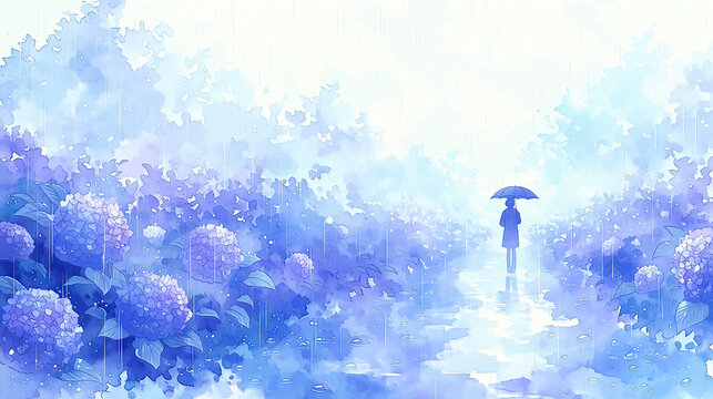 雨降る淡い色合いの紫陽花畑を歩く女性のシルエット