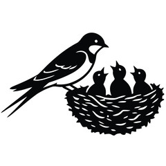 victor flat illustration Silhouette of a Swallow and Baby Birds in a Nest © Nuralam