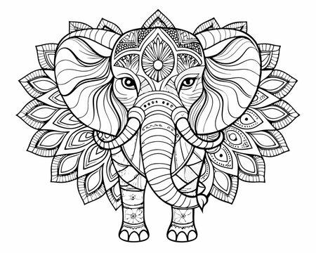 An intricate vector illustration of an elephant adorned with elaborate mandala and lotus flower patterns in a stylized black and white design