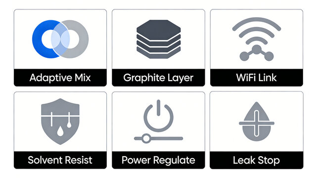 Adaptive regulation, graphite layer and WiFi icon, power regulation, graphite thermal conductivity, wireless interconnection, anti leakage and solvent corrosion stability performance.

