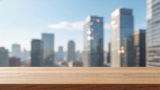 Wooden table with city skyline view