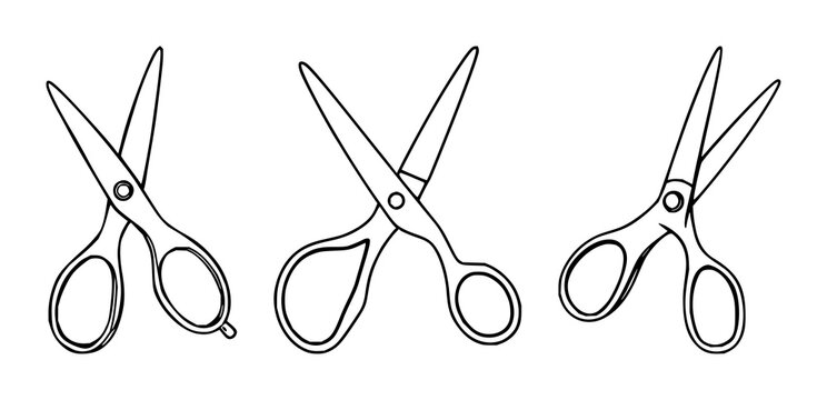 Office Scissors set with simple line art design featuring cutting tool, stationery, office supplies with metal and plastic