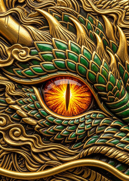 Close-up of a detailed dragon eye with golden scales and green textured skin dragon eye close-up gol