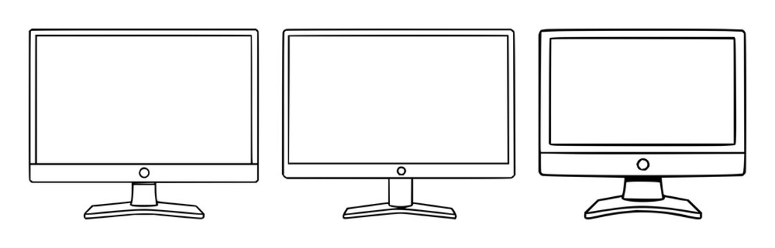 Monitor set with simple black line art on white background featuring computer screen, display, LCD with minimal frame and monochrome outline
