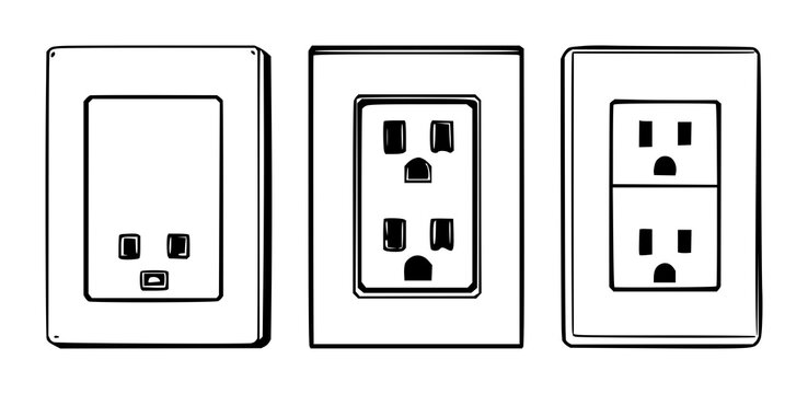 Wall power outlet set with black line art illustration on white background featuring outlet, plug, home electronics with vector and minimalistic