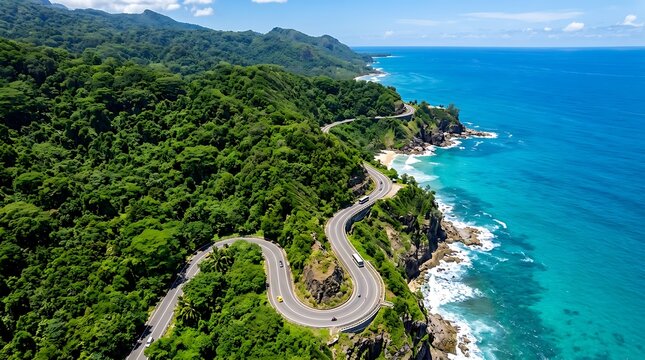 Winding coastal highway beside ocean, cliffs, and forest