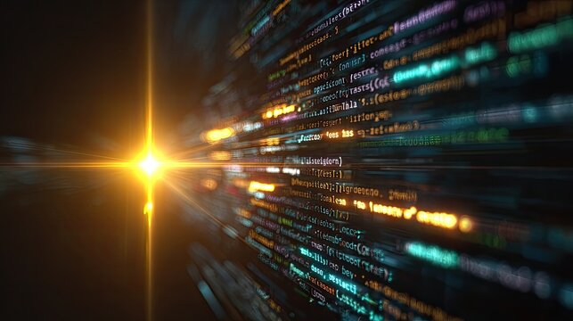Digital code flows at high speed, illuminated by a bright light source
