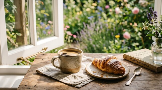 Cozy breakfast setup with coffee, croissant, and book