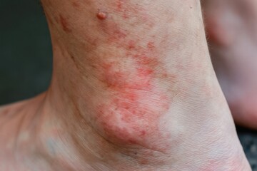 Fototapeta premium Man with red allergic rash on his leg and ankle. Skin shows inflammation and irritation due to eczema or insect bites. Medical condition needs treatment and care.