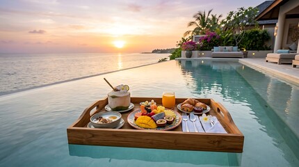 Obraz premium Luxury resort pool at sunrise