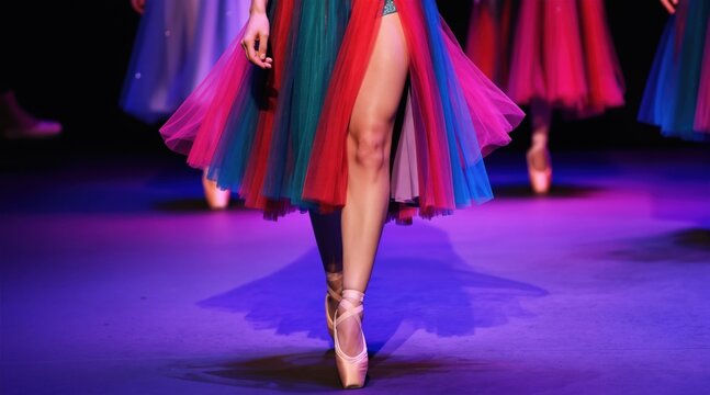 Ballerina in colorful tutu walks on stage in pointe shoes. Female dancer in bright layered skirt performs ballet dance on stage with theatrical lighting.
