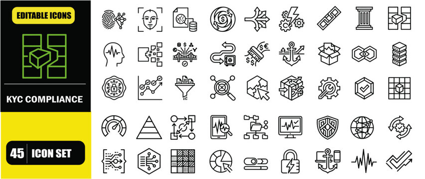 Fintech Compliance KYC Icon Set - Editable Stroke Vector Icons for Identity Verification System, AML Monitoring Platform, Regulatory Compliance Dashboard, Customer Authentication UI, Banking Security 