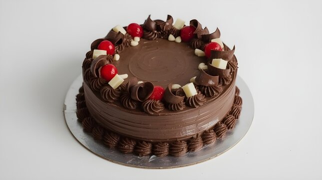Round chocolate cake with cherries on a silver cake board, set against a white backdrop. The overall composition conveys sweetness, celebration, and luxurious dessert presentation.