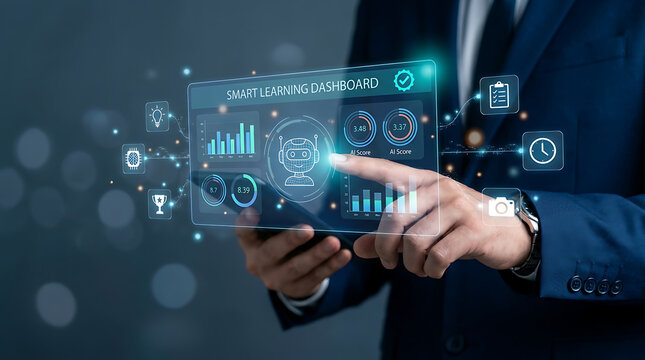 Businessman interacting with holographic dashboard on transparent screen with futuristic interface and data visualization