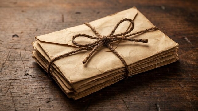Stack of kraft paper envelopes tied with twine on wooden surface
