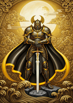 Epic Golden Samurai Warrior Standing with Sword Under Full Moon in Ornate Armor golden samurai warri
