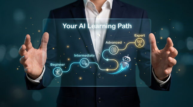 Businessman presenting ai learning path on transparent screen with beginner to expert levels