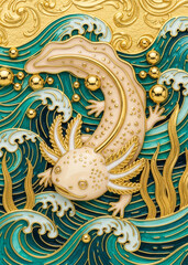 Fototapeta premium Intricate golden crab sculpture with swirling ocean waves and seaweed details golden crab sculpture