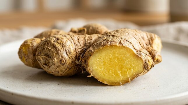 Whole and sliced ginger root on a plate